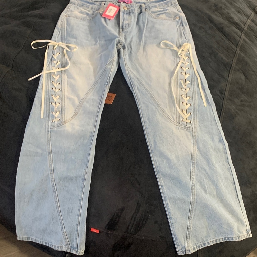Edikted Sky Blue Lace-Up Flare Jeans - Picture 2 of 4